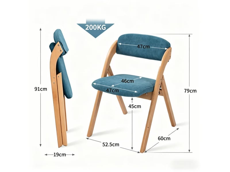  Lot de 2 chaises salle à manger pliantes 52 52,5x60x79 cm, avec dossier, pieds en bois, bleu  - Conforama C