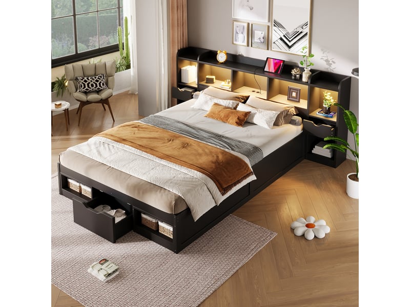  Lit plateforme 140x200 cm, tête et pied de lit avec rangements, led, port usb, mdf et contreplaqué, noir sans matelas  - Conforama D