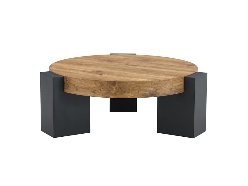  Table basse ronde à 2 niveaux avec plateau en verre transparent et pieds en l modulables, pour salon, noir et bois  - Conforama A