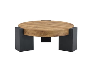 Table basse ronde à 2 niveaux avec plateau en verre transparent et pieds en l modulables, pour salon, noir et bois