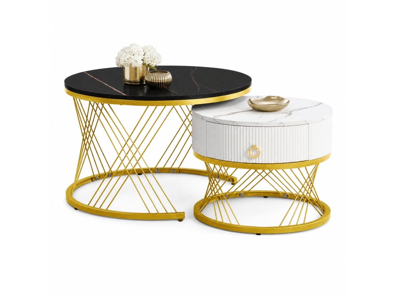  Tables basses gigognes effet marbre avec 1 tiroir et pieds réglables, pour salon, mdf, noir  - Conforama A