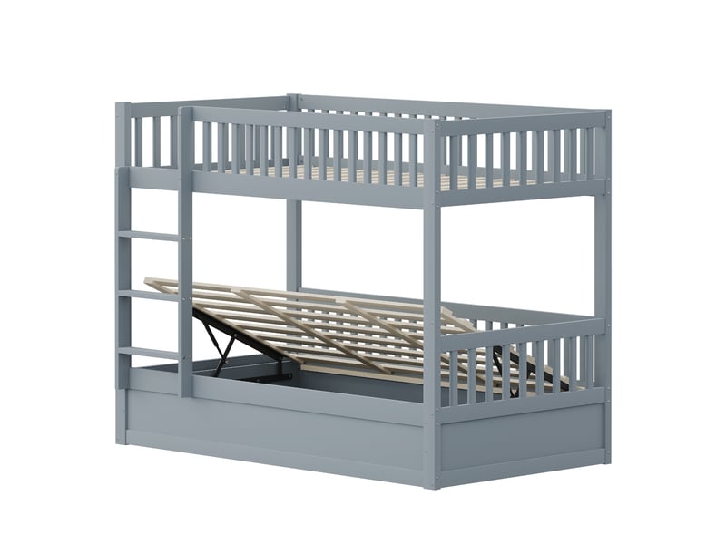  Lit superposé 2 places 90 x 200 cm avec lit coffre hydraulique intégré, lit enfant en bois gris avec garde-corps, échelle et sommier à lattes  - Conforama E