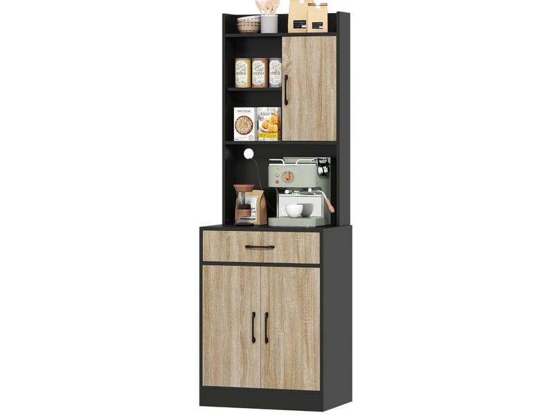  Meuble de cuisine avec plan de travail et passe-câble, 60x40x180 cm, 1 tiroir, 3 niches ouvertes, panneau de particules, bois naturel et noir  - Conforama B