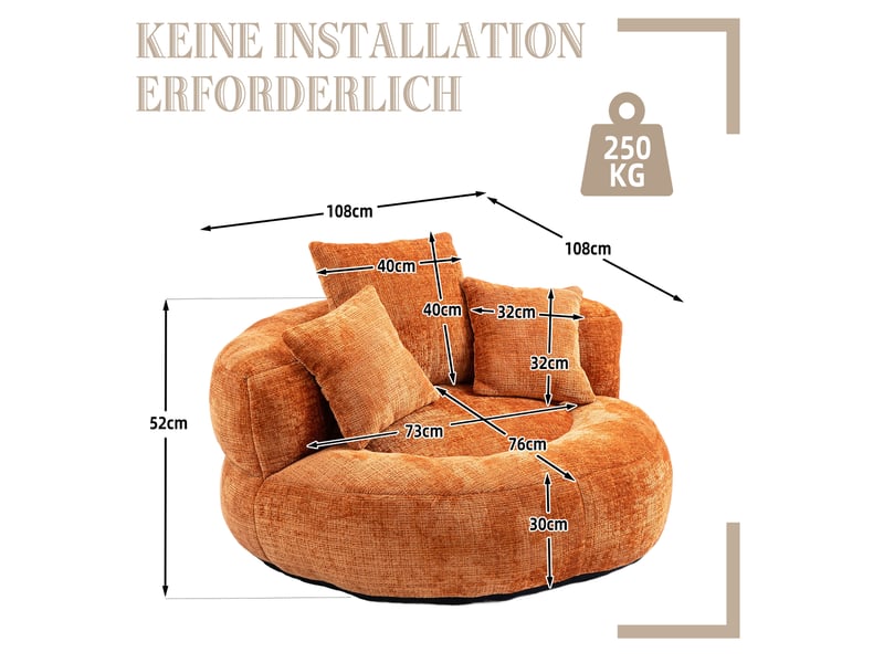 Fauteuil pouf modenvie en chenille orange 108 x 108 x 52 cm avec 3 coussins - Conforama C