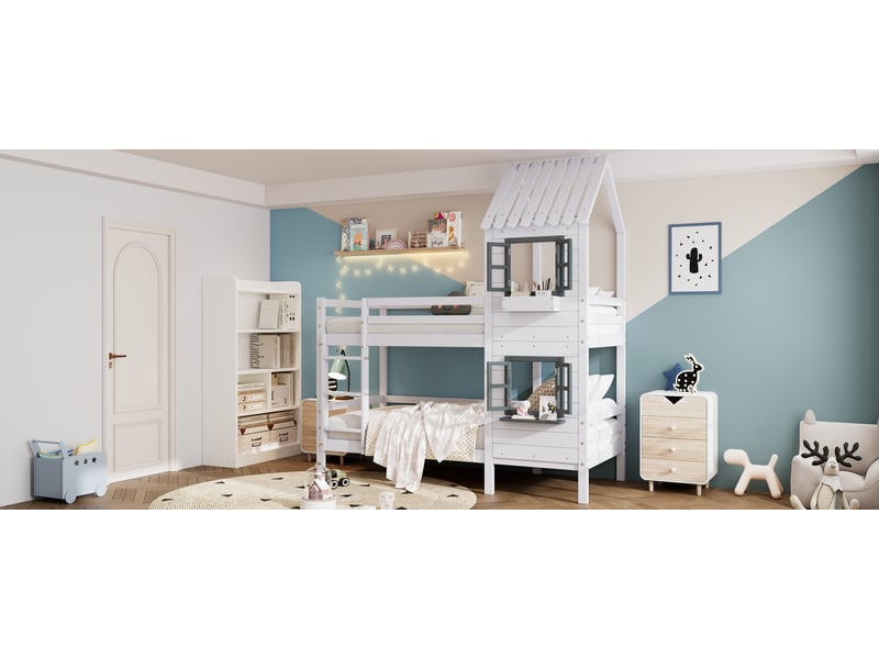 Lit superposé enfant avec fenêtres et rampe 90x200 cm blanc et gris bois massif et mdf structure à baldaquins avec échelle et rangement Sol Morn - Conforama E