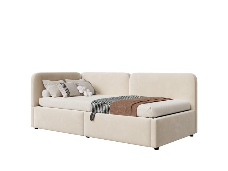 Lit coffre 90x200 cm avec rangement hydraulique et tête de lit rangement, lit simple avec sommier à lattes en tissu beige - Conforama A
