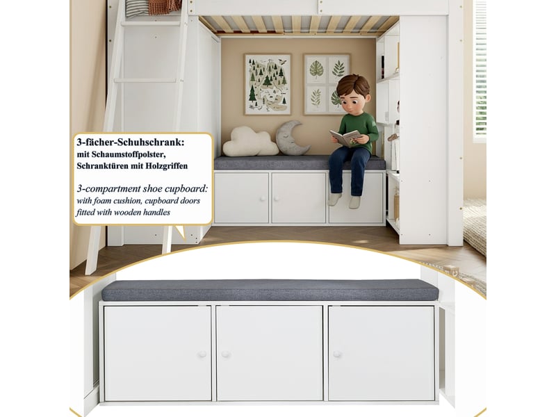 Lit mezzanine 90x200 cm - armoire et étagères - banquette avec rangement - lit simple - bois - blanc - Conforama W