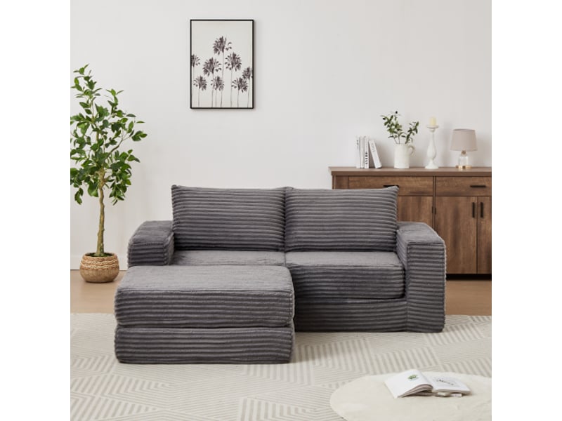 Canapé-lit 2-en-1 en velours côtelé, 2 coussins, accoudoirs carrés, repose-pieds amovible, canapé modulable flexible - Conforama B