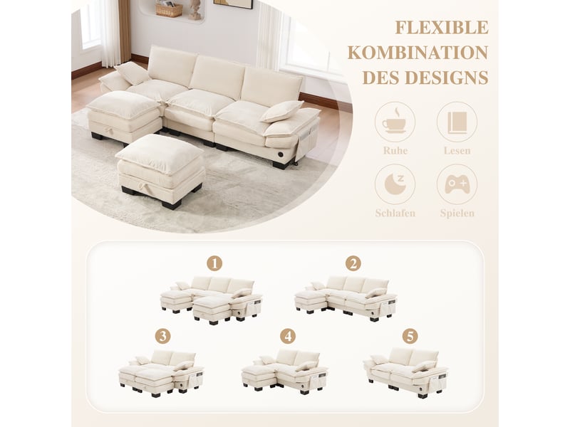 Canapé d'angle panoramique fixe 3 places tissu beige - Conforama E