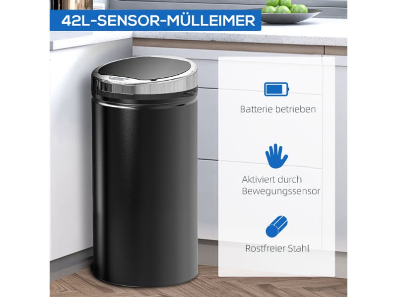  Poubelle automatique 42 l à capteur, couvercle, acier inoxydable, noire, cuisine, bureau et salle de bain  - Conforama B