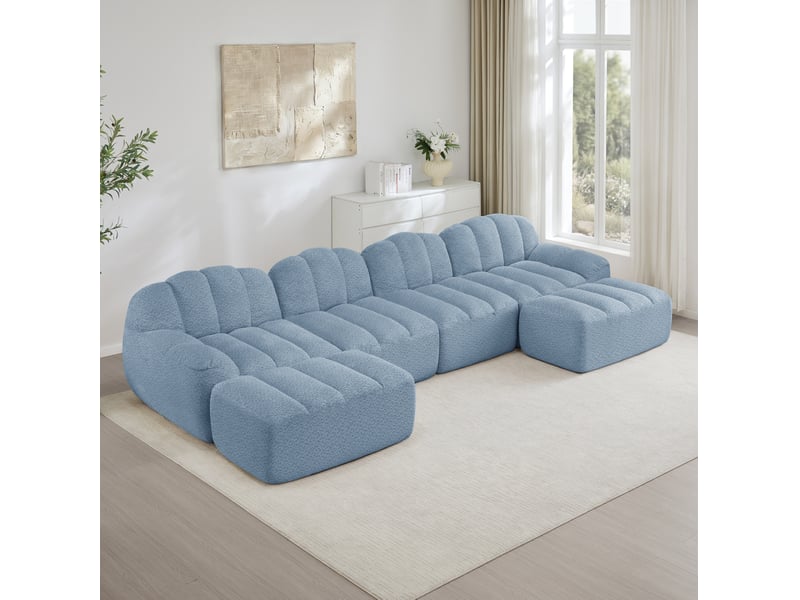  Canapé modulable en u 4 places avec 2 poufs bleu – tissu polaire granulé  - Conforama C