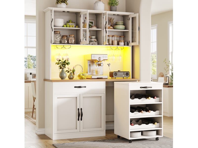  Buffet de cuisine 140x38x180 cm avec chariot amovible, led et charge, pour cuisine, meuble de cuisine, en mdf, blanc  - Conforama B
