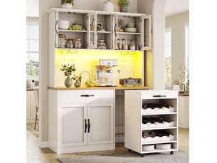 Buffet de cuisine 140x38x180 cm avec chariot amovible, led et charge, pour cuisine, meuble de cuisine, en mdf, blanc