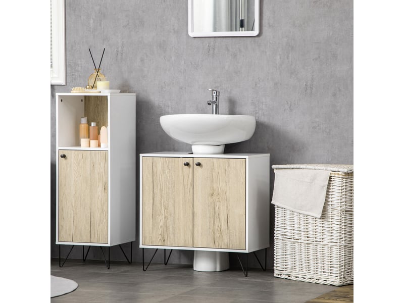  Meuble sous lavabo, meuble de salle de bain avec 2 portes, pieds en acier, 60 x 30 x 60 cm, blanc et bois naturel  - Conforama D