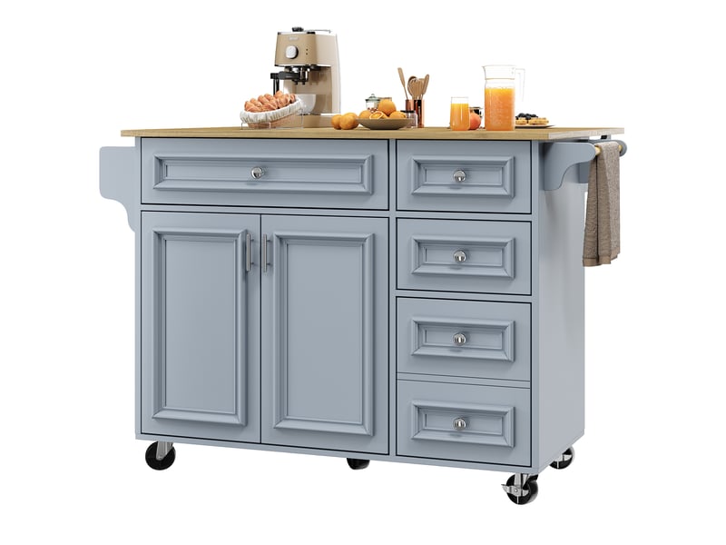  Îlot de cuisine multifonction 110x45-75x92 cm, table rabattable et rangements modulables, pour cuisine, en mdf, bleu  - Conforama A