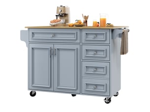 Îlot de cuisine multifonction 110x45-75x92 cm, table rabattable et rangements modulables, pour cuisine, en mdf, bleu