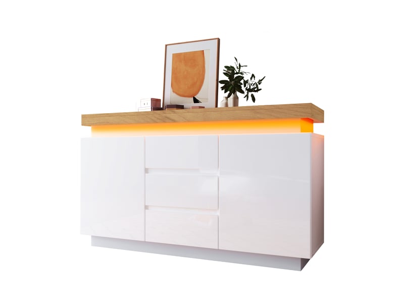  Buffet bas 140x39x81 cm avec 2 portes, 3 tiroirs et éclairage led, meuble de rangement en mdf et panneaux de particules - blanc  - Conforama A