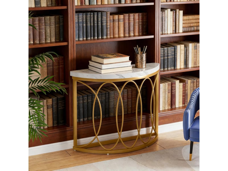 Console demi-lune, avec plateau et base ovale à 3 pieds, table d'entrée, marbre artificiel et métal, or et blanc - Conforama C