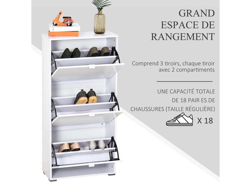  Meuble à chaussures armoire à chaussures 3 portes abattantes 3 compartiments en bois 60l x 26i x 124h cm blanc laqué  - Conforama E