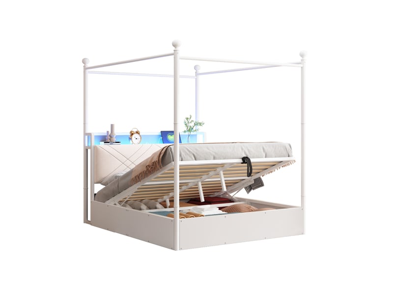  Modenvie lit à baldaquin 140x190 cm - rangement hydraulique, led et ports usb-c - pour petit espace - blanc  - Conforama A