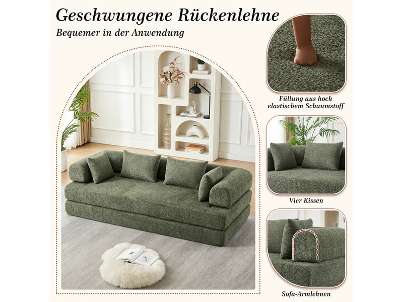 Canapé-lit convertible 2 places,200x95x68cm,canapé modulable 4 en 1 en tissu chenille,dossier réglable,4 coussins inclus,aucun montage requis,vert - Conforama D