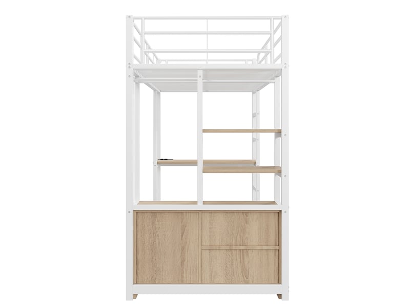  Lit mezzanine avec bureau, prise usb et rangements, métal blanc, 90x200 cm, sans matelas  - Conforama E