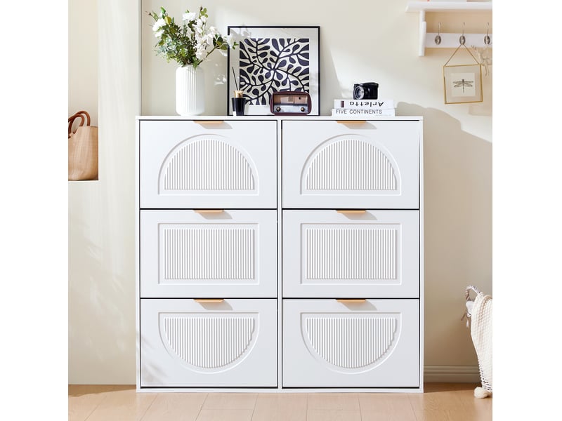  Meuble à chaussures ulevr à 6 abattants, rangement étroit 118 x 25 x 115 cm, mdf et panneaux de particules, blanc  - Conforama E