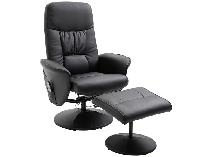  Fauteuil relax massant avec pouf, similicuir noir, 10 points, dossier inclinable à 145°, pivotant pour salon  - Conforama A