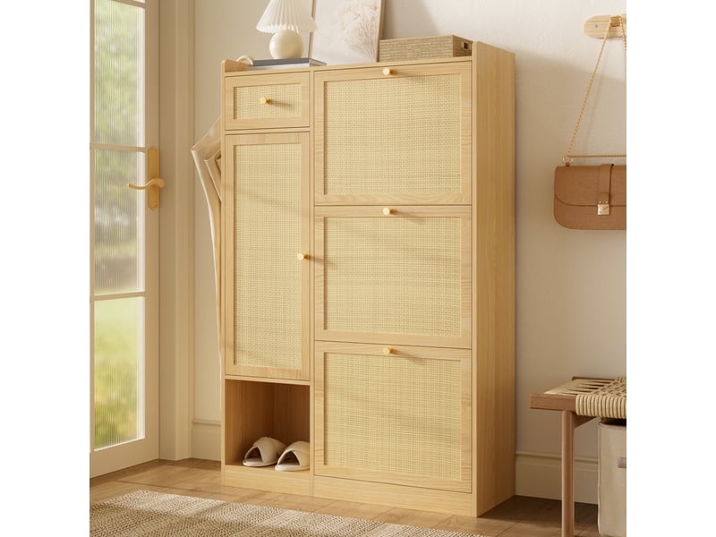  Meuble à chaussures en rotin 3 abattants 1 tiroir, armoire de rangement étroite 25cm pour entrée, naturel  - Conforama W