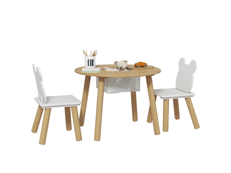  Ensemble table et 2 chaises en bois pour enfants de 3 à 6 ans, avec dossier en forme d'ours et espace de rangement.  - Conforama A