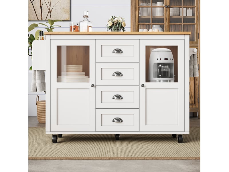 Îlot de cuisine mobile 137,9 x 73 x 92,5 cm, 4 tiroirs, plateau rabattable blanc - Conforama B