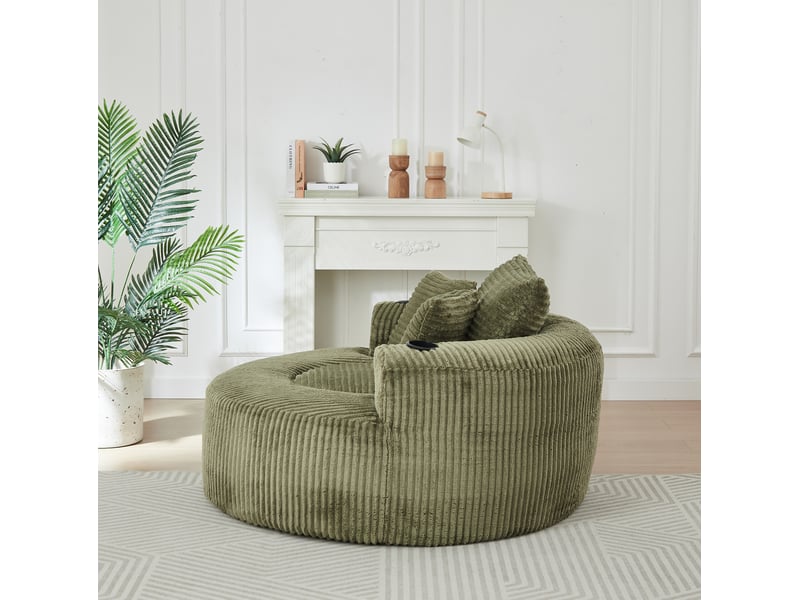 Fauteuil pouf rond 1 place avec 3 coussins amovibles, 2 porte-gobelets et poches latérales en velours côtelé vert - Conforama E