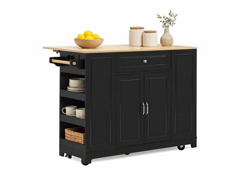 Îlot de cuisine à roulettes 131,8x40-70x93,3 cm avec plan extensible, tiroirs et compartiment déchets, mdf, noir et naturel - Conforama B