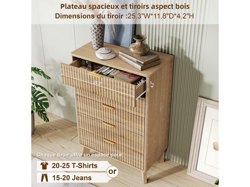 Commode 5 tiroirs - 73x40x108cm - chiffonnier en bois avec façades ondulées, poignées dorées & pieds massifs - chêne - Conforama D