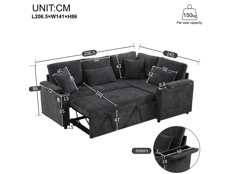  Canapé d'angle convertible modenvie 4 places avec méridienne droite fixe, rangement, usb et porte-gobelet, chenille gris foncé 206,5 x 141 x 86 cm  - Conforama C