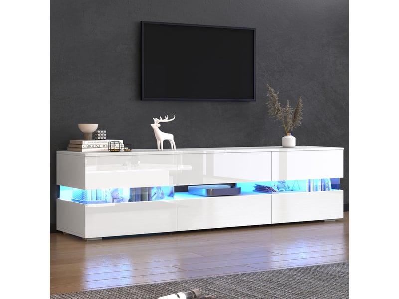  Meuble tv 160x40x50, design moderne blanc brillant avec éclairage led, 2 portes, 1 tiroir, espace ouvert meuble tv avec rangement  - Conforama B