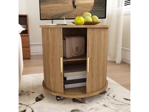 Table de chevet - 60x60x60cm - bout de canapé cylindrique mid-century en mdf avec station de charge - marron - naturel