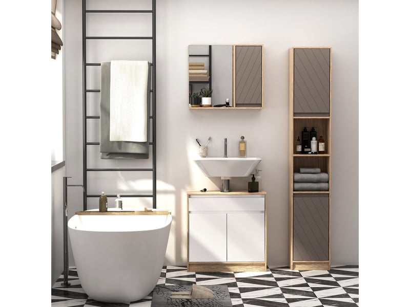  Colonne de salle de bain étroite 2 portes 2 étagères ouvertes 30x24x170 cm chêne et gris 834-240 - Conforama D