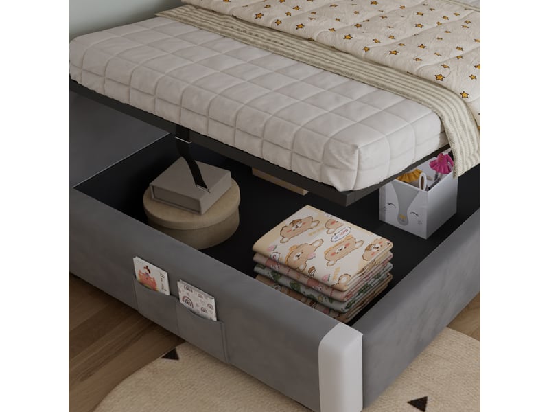  Lit coffre enfant une place avec rangement hydraulique, barrière rembourrée et poche, 90x200 cm, sans matelas  - Conforama E