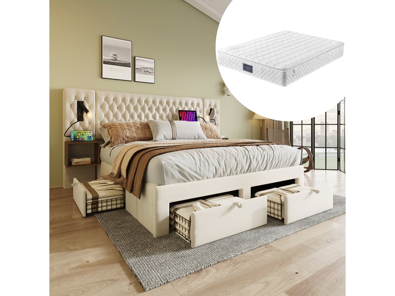 Lit double adulte,160x200 cm,avec matelas, 2 chevets et led,velours,beige - Conforama B
