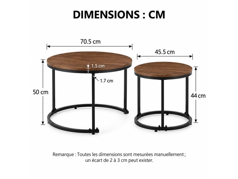  Lot de 2 tables gigognes rondes noyer et noir en mdf et métal, ø 50 x h 70,5 cm et ø 45,5 x h 44 cm  - Conforama C