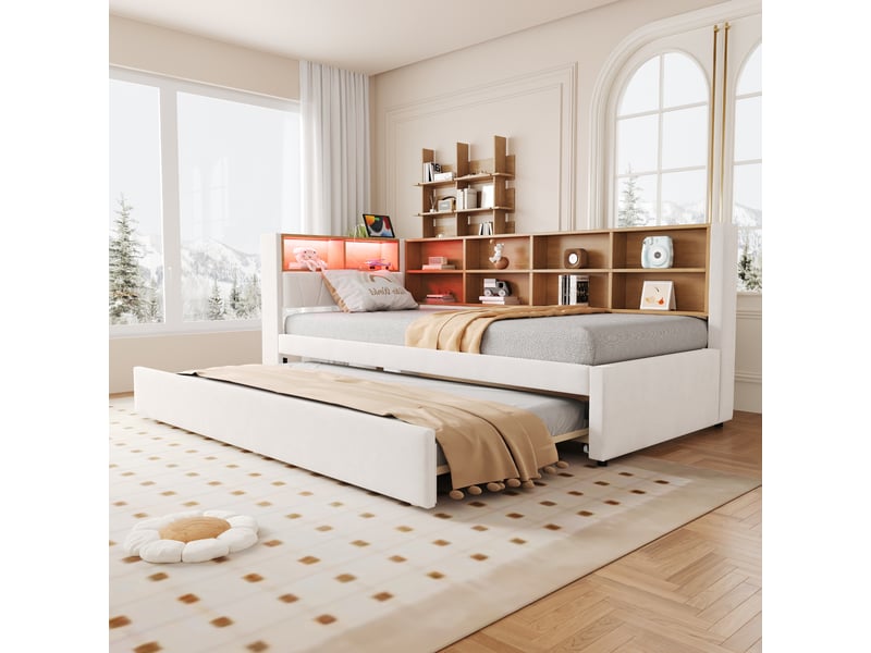  Lit d'appoint 90*200 cm avec couchage 90*190 cm, éclairage led, ports usb, rangements et structure solide  - Conforama C
