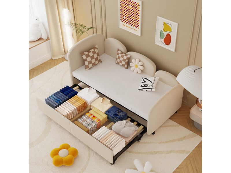  Lit enfant 90x200 cm, avec tiroir et tête de lit, en métal, beige, sans matelas  - Conforama B