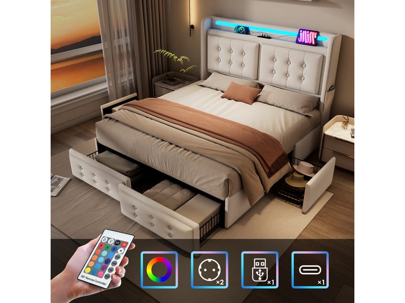 Lit rembourré, lit double 160x200 cm, 4 tiroirs, led, usb, sommier à lattes, charge 300 kg, matelas inclus, lin beige - Conforama C