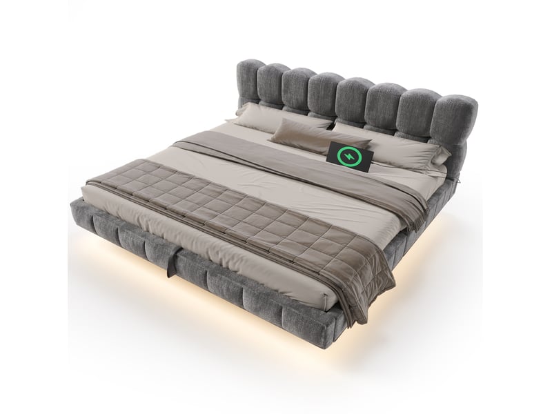  Lit coffre 180x200 cm gris en chenille, led et stations de charge usb type c avec sommier à lattes intégré  - Conforama A