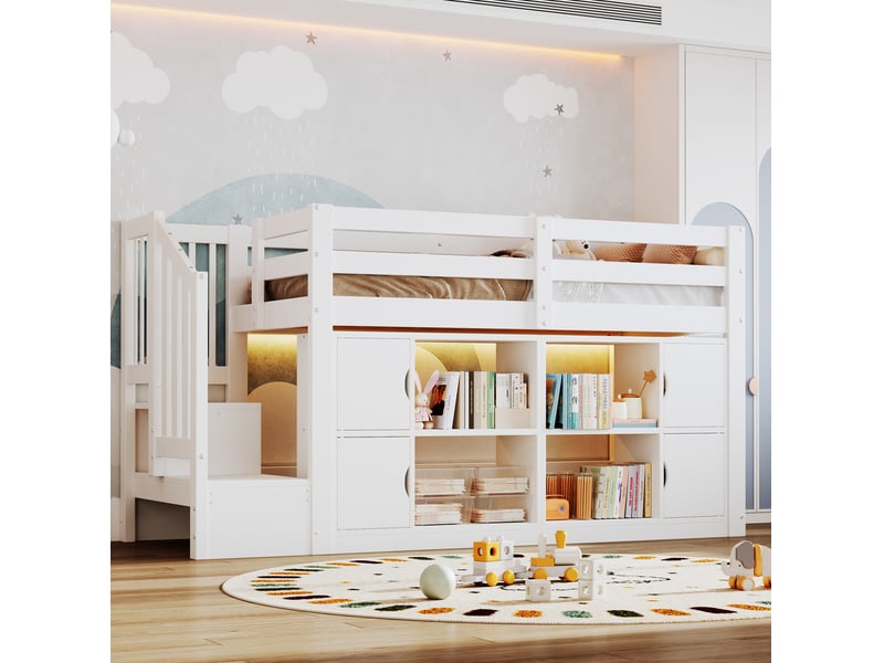 Lit mezzanine enfant 90x200 cm – blanc – rangements, bibliothèque, escalier avec rangement et led - sans matelas - Conforama B