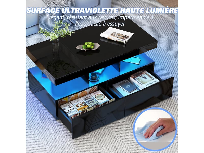 Table basse laquée noire – éclairage led rgb – 2 tiroirs extra-larges – plateau à plusieurs niveaux – grand espace de rangement - Conforama D