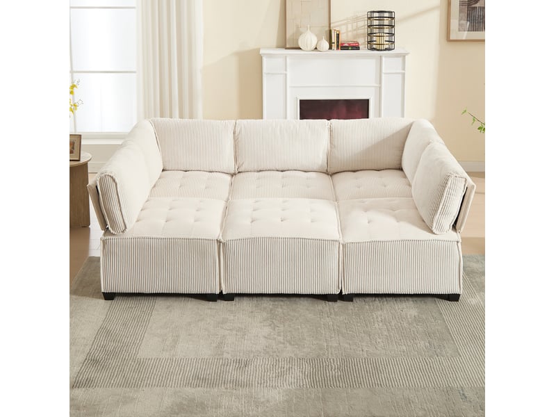 Canapé modulable 6 places 308x154x81,99 cm en velours côtelé beige  - Conforama W
