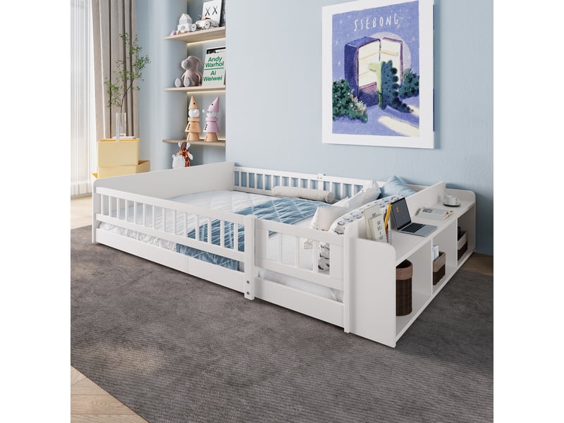 Lit enfant 140x200, lit en bois de pin massif avec rangements ouverts et barrière de sécurité, cadre de lit blanc sans matelas. - Conforama E