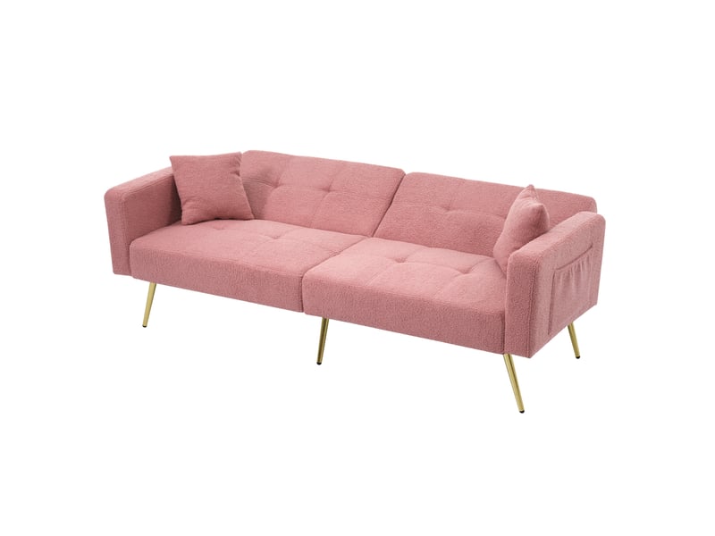 Canapé-lit 2 places 175x64x72 cm inclinable avec coussins et poches latérales, structure en bois, rose, sans matelas - Conforama A